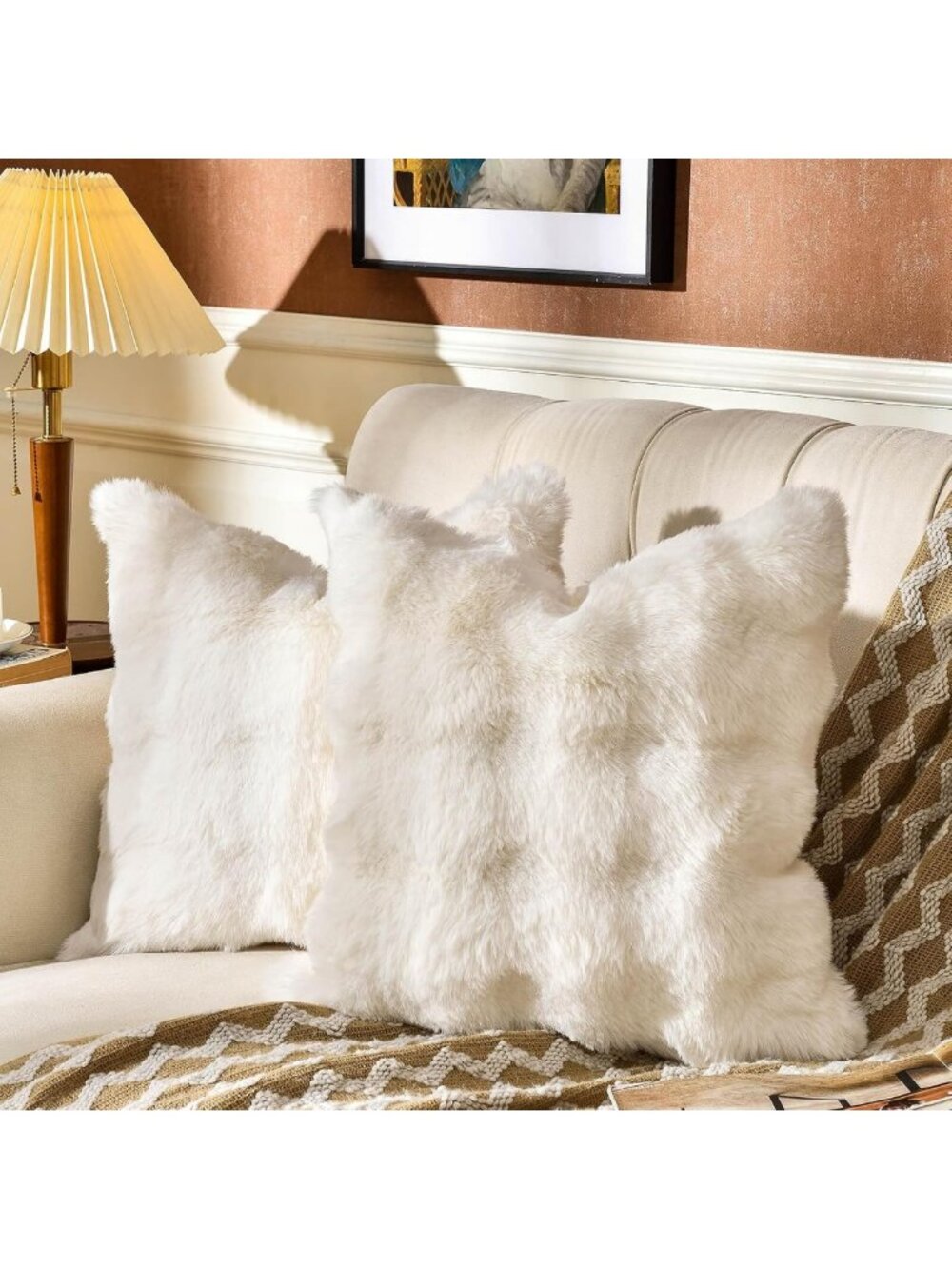 Cozy 3D Faux Rabbit Fur Throw Pillow Covers - Set of 2, Super Soft & Fuzzy